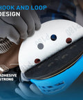 Close-up of a hand attaching a sanding disc to a sander highlighting hook and loop design of 72 Piece 5 Inch 8 Hole Hook And Loop Sanding Discs Set