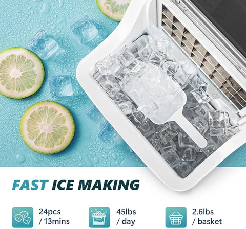 Countertop Ice Cube Maker Machine With 24 Cubes Fast Ice In 13 Minutes, 45 Lbs Per Day, 2 Water Inlets, Auto Clean, Go-To Portable Compact Ice Maker With Scoop And Basket, Great For Home Kitchen Office Bar Silver showing ice cubes and scoop