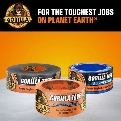 Three rolls of Gorilla Tape, including Crystal Clear Duct Tape 1.88 Inch By 18 Yard Pack Of 6, for tough repairs on diverse surfaces.