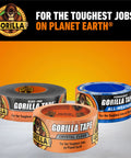 Three Gorilla tape rolls showcasing various types for tough jobs on a textured surface with an orange background.