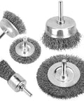 5 Piece Drill Wire Brush Set For Rust Removal And Surface Stripping With 0.012 Inch Carbon Steel Wire And 1/4 Inch Arbor