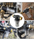 Collage showing Two Pack 100 Mesh Water Pump Filter with three quarter inch quick connect interface in various installations
