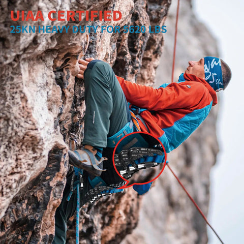 Climber using a 25kN Auto Locking Carabiners 4 Pack UIAA Certified Heavy Duty D Shape for rock climbing on a cliff face.