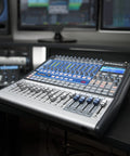 StudioLive Classic 16.0.2 USB Digital Console Mixer with 16 channels, 12 Class A XMAX preamps on a recording studio desk