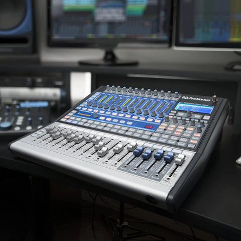 StudioLive Classic 16.0.2 USB Digital Console Mixer with 16 channels, 12 Class A XMAX preamps on a recording studio desk