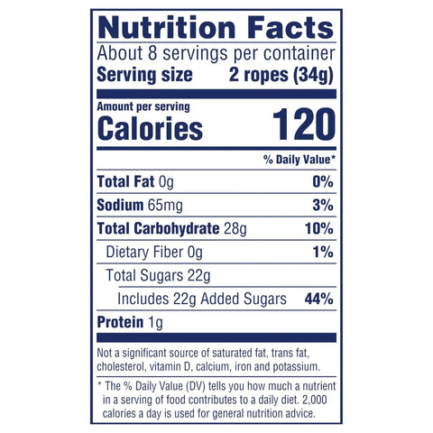 Nutritional label for Watermelon Berry Collision Ropes Candy Soft And Chewy 9 Oz Bag With Tart Filling.