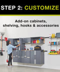 Heavy Duty Steel Garage Storage Cabinet System With Customizable Modular Two Door Design Locks Together For Easy Home Organization 150 Pound Capacity Built In Side Channels Lifetime Warranty installed view with add-on shelving and hooks