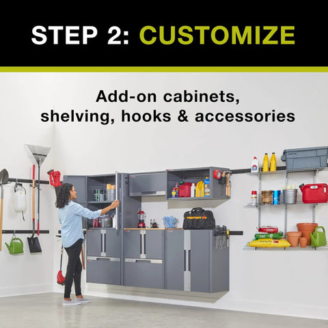Heavy Duty Steel Garage Storage Cabinet System With Customizable Modular Two Door Design Locks Together For Easy Home Organization 150 Pound Capacity Built In Side Channels Lifetime Warranty installed view with add-on shelving and hooks