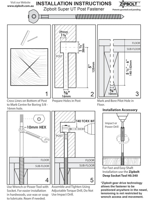 Installation instructions for Super UT Newel Post Fastener Bulk Pack For Wrench-Free Staircase Install with diagrams and tools.