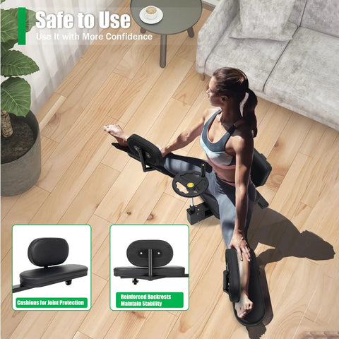 Woman using 180 Degree Leg Stretching Machine with Steel Frame for Deep Splits and Yoga Training, cushioned padding visible