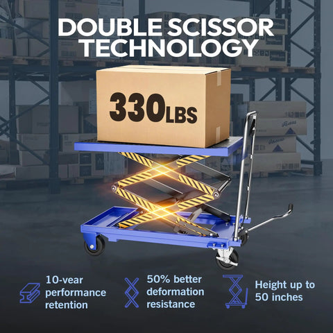 Rock Solid Double Scissor Hydraulic Lift Table Cart With 330 Lb Capacity, lifting a box in a warehouse setting.
