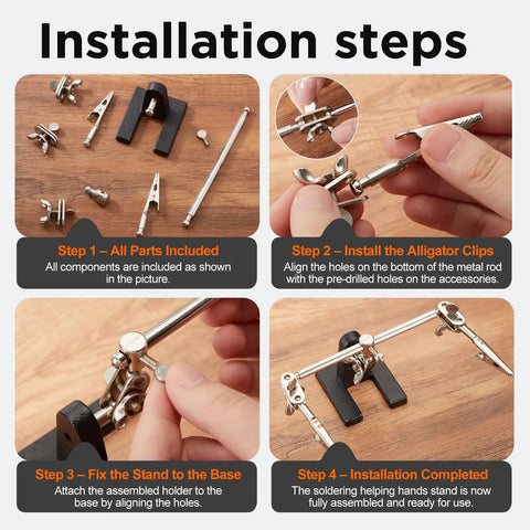 Four Piece Helping Hands Soldering Tool Set With Flexible Arms And Alligator Clips installation steps guide