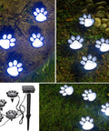 Dog And Cat Paw Print Solar Lights Set Of 4 For Outdoor Pathway Waterproof Paw Path Lights glowing on garden path at night.