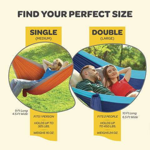 Single and double heavy duty nylon camping hammock chair with 500 lb capacity, comes with tree straps and packed carry bag.