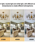 Gold 6-Light Sputnik Chandelier With Glass Shade in living room, shows warm, neutral, white light settings for different atmospheres.