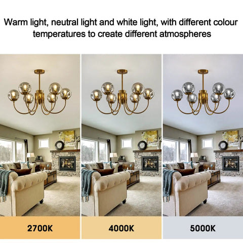 Gold 6-Light Sputnik Chandelier With Glass Shade in living room, shows warm, neutral, white light settings for different atmospheres.
