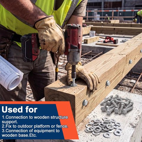 Worker using a drill on wood with 60 Pack Half Inch By Two Inch Lag Bolts And Washers Kit Hot Dip Galvanized Hex Lag Bolts visible.