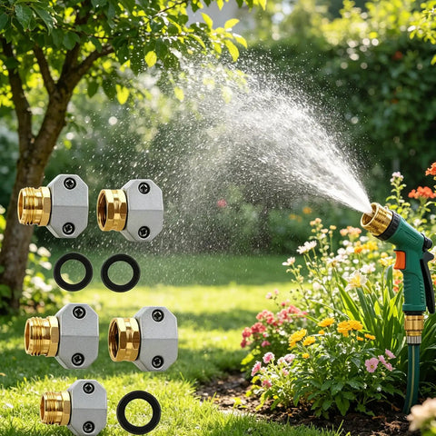 Heavy Duty 3-Pack Garden Hose Repair Kit With Rust Proof Aluminum And Zinc Alloy End Mender For Quick Leak Fixes Fit 5/8 Or 3/4 Hoses Male Female Connector Clamps No More Wasting Money On New Hoses. garden hose mender kit with brass ends and O-rings in use