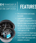 Open view of Compact Under Sink Sump Pump System Drainosaur 115V One Third HP 2760 GPH with motor and filter, black-blue.