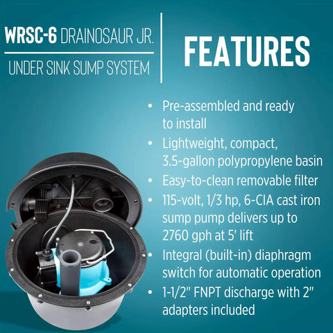 Open view of Compact Under Sink Sump Pump System Drainosaur 115V One Third HP 2760 GPH with motor and filter, black-blue.