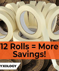 Pro Grade 3/4 Inch Masking Tape, 60 Yard Rolls, 12 Pack displayed with savings background