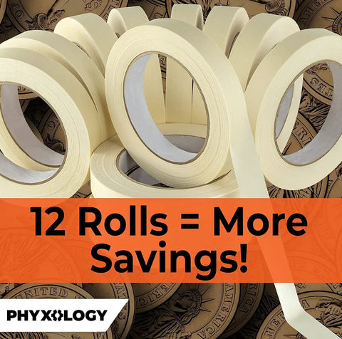 Pro Grade 3/4 Inch Masking Tape, 60 Yard Rolls, 12 Pack displayed with savings background