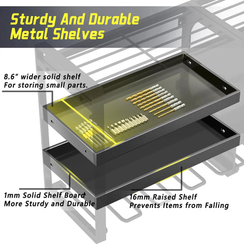 Heavy Duty Power Tool Organizer Wall Mount With Four Tier Storage And Eight Drill Holders showing sturdy metal shelves.