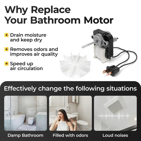 Image showing Sm550 Bathroom Vent Fan Motor Kit for Nutone and Broan Exhaust Fans with installation benefits.