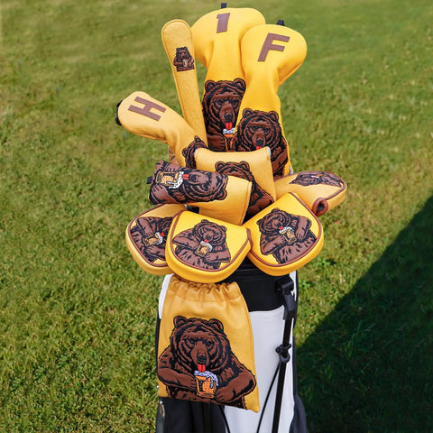 Beer Bear Golf Club Head Cover For Driver, Fairway Wood, Hybrid And Mallet Putter-Embroidered Beer Drinking Bear Design displayed