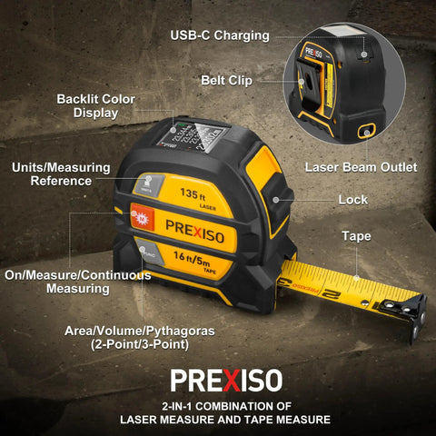 2-In-1 Laser Tape Measure With 135 Ft Range, Rechargeable Distance Tool And 16 Ft Manual Tape, High-Precision Readings Within 1/8 Inch, Six Modes Including Distance, Continuous, Area, Volume, And Two-Point Pythagorean Method, backlit display