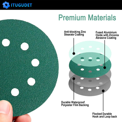 Ditch cheap discs and grab these 50 pc 5-inch sanding discs with 8 holes featuring premium zirconia abrasive material.