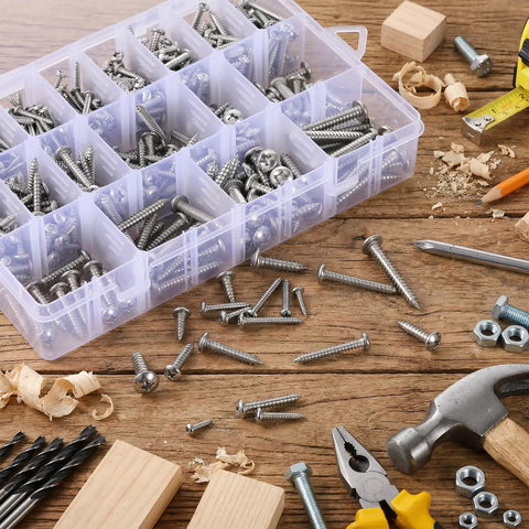 550 Piece Stainless Steel Wood Screw Kit With Self Tapping Phillips Pan Head Screws In 18 Sizes From 1/4 To 1-1/2 Inch displayed