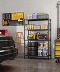 Kick Clutter Out With These Four Tier Storage Shelves Packing Six Tough As Nails Hooks And Self Leveling Feet No Sweat Assembly Rust Proof Steel Organizer Rack For Garage Kitchen Bedroom Black displayed in a garage with tools and supplies.