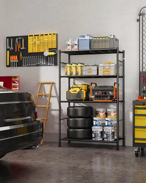 Kick Clutter Out With These Four Tier Storage Shelves Packing Six Tough As Nails Hooks And Self Leveling Feet No Sweat Assembly Rust Proof Steel Organizer Rack For Garage Kitchen Bedroom Black displayed in a garage with tools and supplies.