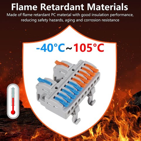 Flame retardant DIN Rail Terminal Blocks Kit 2 In 10 Out, universal compact lever wire connectors, 28-12 AWG, grey.