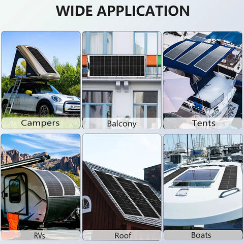 Flexible 100W Solar Panels Kit With 30A Controller For Off Grid 12V Battery System Monocrystalline Cells on various surfaces