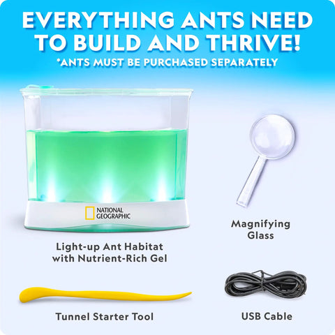 Light Up Ant Habitat Kit For Kids With Magnifiers Totally Hands On Science Toy For Curious Minds Watch Ants Build Tunnels In A Safe Gel Terrarium Explore Lighting Temperature And Location To See What Helps Them Thrive. Light-up ant habitat with gel, magnifier, tunnel tool and USB cable