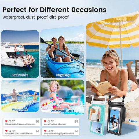 Beach scene with woman reading, 2 Pack IPX8 Waterproof Phone Pouches with Lanyards, kayaks and cruise ship in background.
