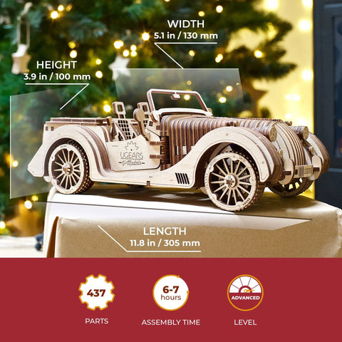 Roadster VM-01 3D Wooden Puzzle Kit For Gearheads Realistic Moving Parts Handcrafted Mechanical Model Car build, 11.8 in long