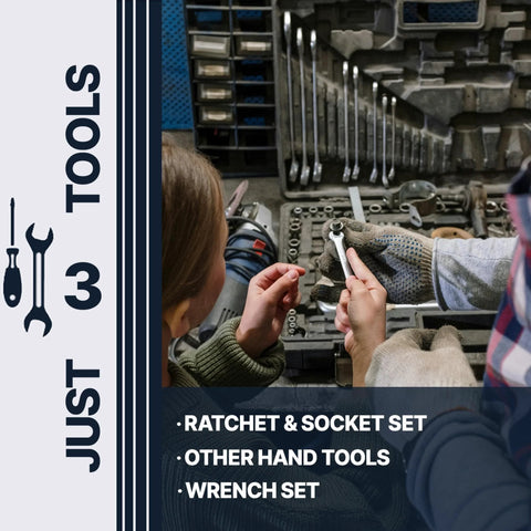 People selecting tools from a ratchet and socket set in a workshop with additional hand tools visible