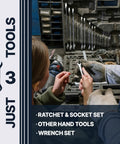 Two people selecting tools from a mechanics tool set including a ratchet and socket set, hand tools, and wrench set.