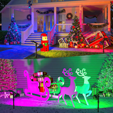 Christmas scene with Solar Spotlights Outdoor 600LM Set Of 2 Waterproof Landscape Lights for yard decor and decoration.