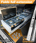 Beefy Heavy Duty Locking Drawer Slides With Full Extension Ball Bearing Side Mount Rails 430 lb Load Capacity shown in RV kitchen setup.