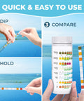 Freaking Easy 125 Pack Salt Water Pool Test Strips Kit For Hot Tub Spa Testing shown in three steps; dip, hold, compare.