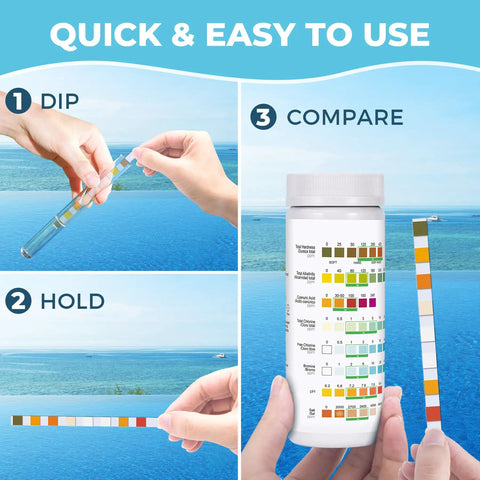 Freaking Easy 125 Pack Salt Water Pool Test Strips Kit For Hot Tub Spa Testing shown in three steps; dip, hold, compare.