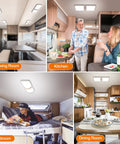 Collage displaying 12 Volt RV Interior LED Lights 1000LM 8W Dome Ceiling Fixtures in various rooms: drawing room, kitchen, bedroom, dining room.
