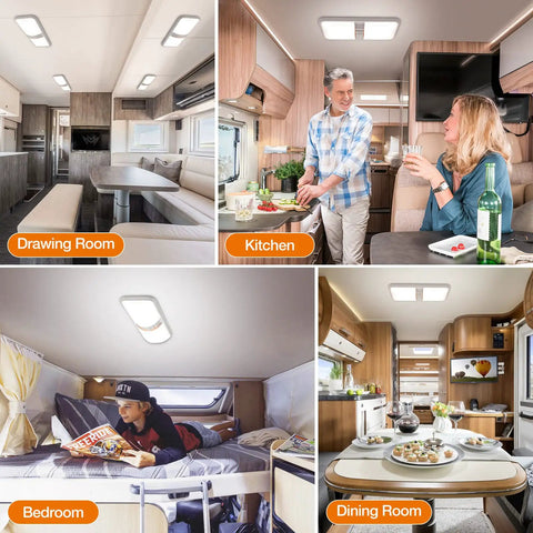 Collage displaying 12 Volt RV Interior LED Lights 1000LM 8W Dome Ceiling Fixtures in various rooms: drawing room, kitchen, bedroom, dining room.