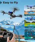 1080P FPV Drone With Camera For Kids And Adults, one key takeoff, image shows controller and mountainous landscape view.