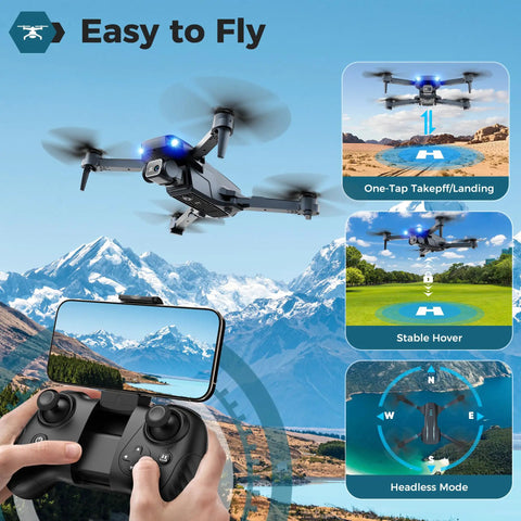 1080P FPV Drone With Camera For Kids And Adults, one key takeoff, image shows controller and mountainous landscape view.