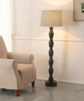 Modern Eclectic Floor Lamp With Oil Rubbed Bronze Finish, 58 Inch Tall, Brown And Cream Ikat Drum Shade, Tapered Shade